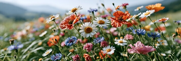 Fototapeta premium Vibrant wildflowers bloom in a sunlit meadow.
