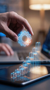 Roi growth cost efficiency concept with hand holding gear and rising bar chart hologram on digital tablet and laptop