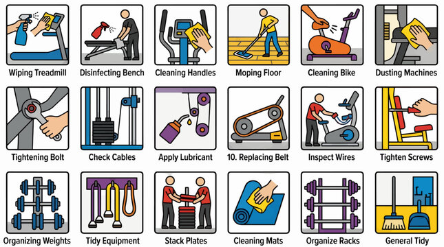 Flat Vector Icon Set of Gym Equipment Maintenance and Cleaning Tasks, Including Wiping Treadmill, Disinfecting Bench, Moping Floor, and Organizing Weights
