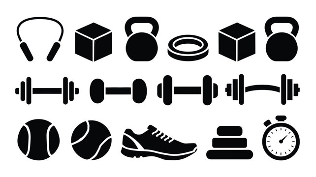 Fitness and gym solid glyph icons set with barbell dumbbell kettlebell sneaker stopwatch weight plate sport equipment silhouette vector illustration