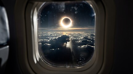 Naklejka premium Stunning View of a Total Solar Eclipse from an Airplane Window.