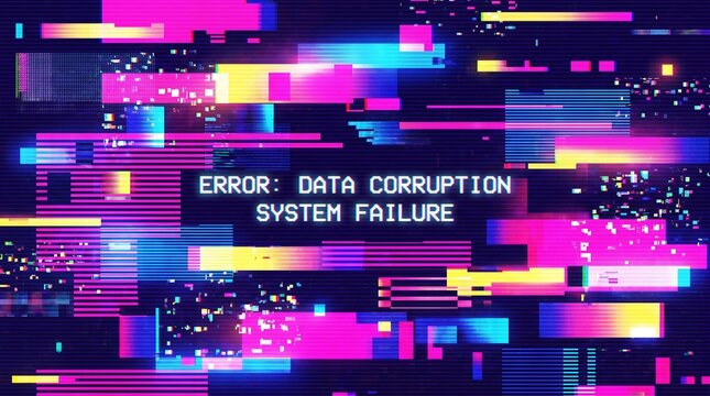 Glitch art depicts error message with distorted colorful bars and pixels on screen