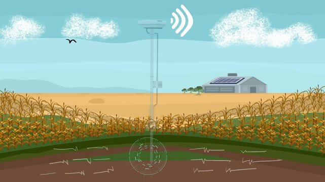 Smart farming sensor monitoring underground soil and crop data with AI chip. Innovative agritech system, wireless IoT connection, and sustainable energy infrastructure vector.