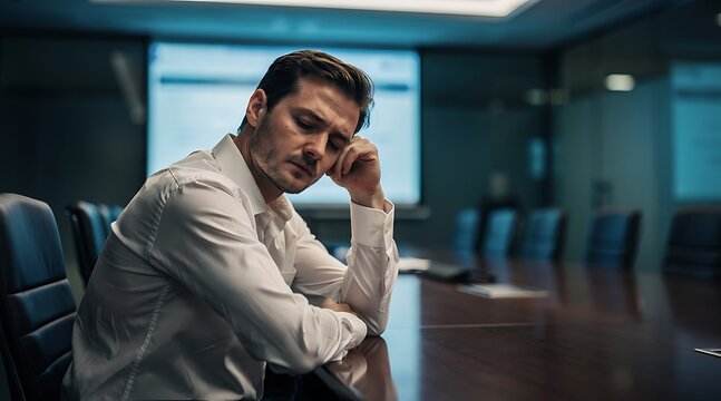 Tired businessman resting head on hand in a dark office boardroom.