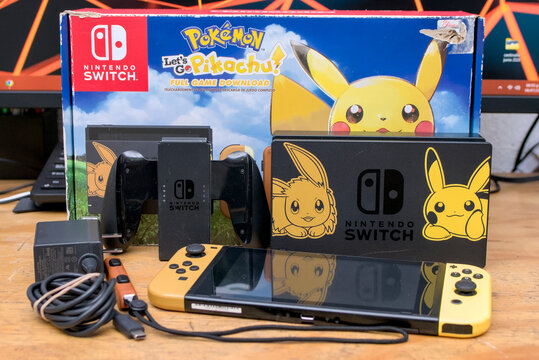 Zapopan Jalisco, Mexico - July 6, 2026: Nintendo Switch Pokemon Let's Go Pikachu Edition console set