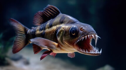 Fototapeta premium Underwater Predator with Sharp Teeth Swimming in Aquatic Environment