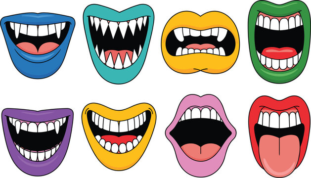Cartoon monster mouth vector illustration set, scary vampire lips with sharp teeth isolated on white background