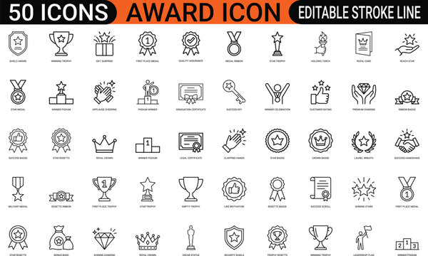 Award trophy champion medal line art icons set, winner podium, success reward, certificate scroll, diamond premium crown, shield star, web icon, app icon, outline icon, editable stroke, vector EPS