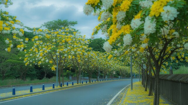 Empty road lined with vibrant yellow and white blooming trees on sidewalk