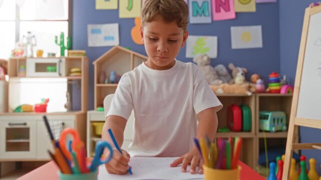 Boy drawing with blue marker at table in colorful preschool classroom with toys, shelves, and easel; focused creativity learning.