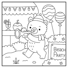 Cute Bear Cub Blowing Trumpet at Beach Party Coloring Page Illustration, Vector Black and White Line Art © Garisseni_std