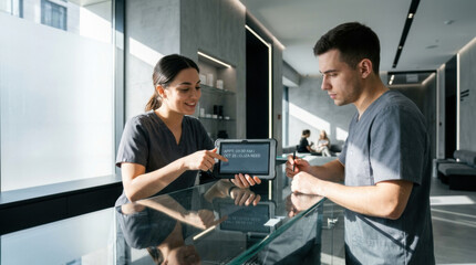 Fototapeta premium Modern Clinic Receptionist And Patient Interaction With Tablet