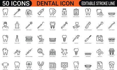 Dental healthcare clinic line art icons set, tooth protection, dental mirror, medical implant, toothbrush toothpaste, mouthwash bottle, web icon, app icon, outline icon, editable stroke, vector EPS © mdjalal