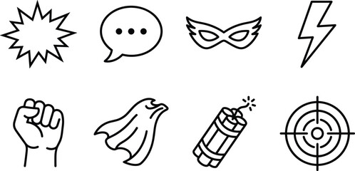 Collection of superhero icons with action burst and speech bubble in a simple outline style isolated on white background © MDMOJIBAR