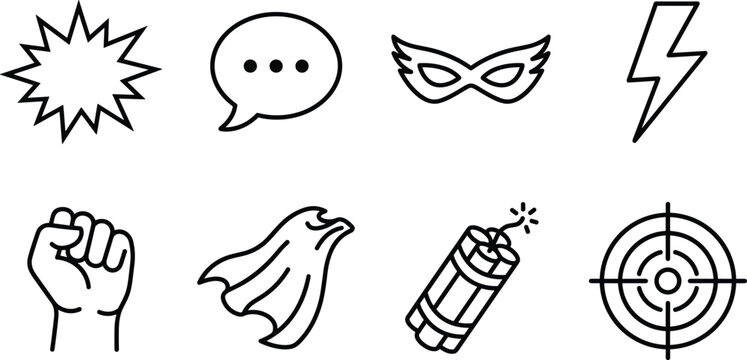 Collection of superhero icons with action burst and speech bubble in a simple outline style isolated on white background