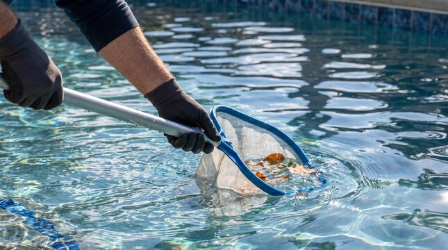 Anonymous Person Cleaning Swimming Pool with Skimmer Net