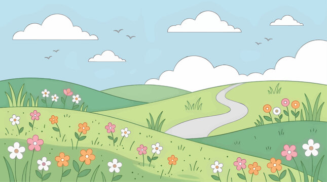 Stylized Flat Vector Illustration of a Serene Spring Landscape with Rolling Green Hills, a Winding Path, and Colorful Wildflowers Under a Blue Sky with Fluffy Clouds and Flying Birds