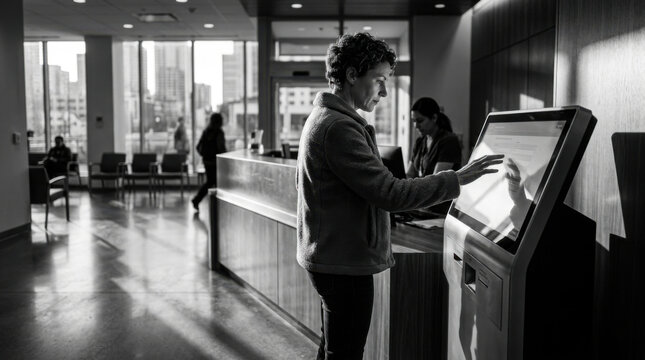 Modern Patient Interacting With Digital Kiosk In Healthcare Facility Lobby