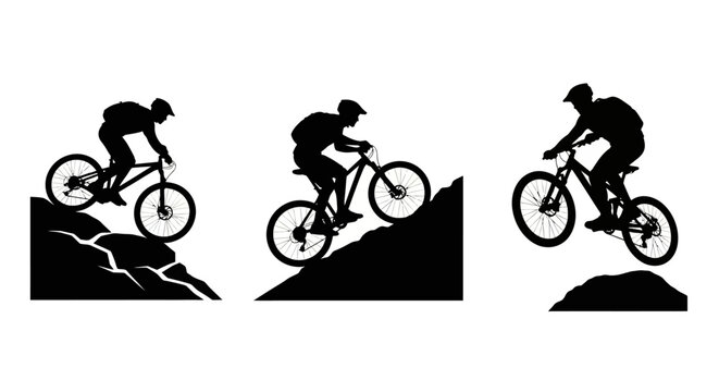 Mountain biker performing stunts on steep terrain.
