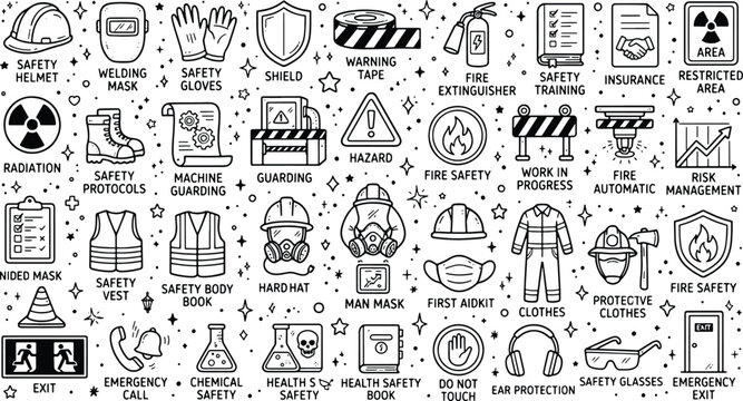 Workplace safety and occupational health hand drawn icon collection with safety first workplace industry protection construction equipment emergency extinguisher training compliance