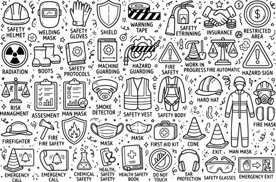 Comprehensive occupational health and safety icon set with hand drawn safety first industry workplace protection equipment construction emergency extinguisher protocols industrial