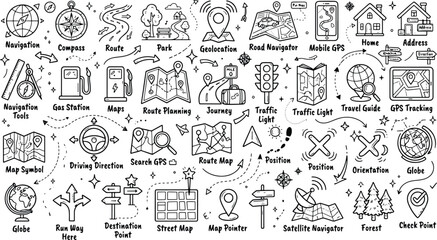 Hand drawn doodle collection of travel navigation and map icons with navigation location destination direction planning satellite tracking adventure transport landmark collection © Kanon Islam