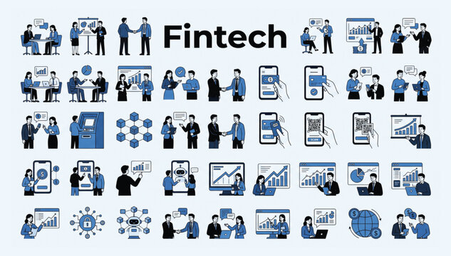 Professional fintech vector icon set illustrating modern business meetings and digital financial transactions with business technology collaboration investment accounting transaction