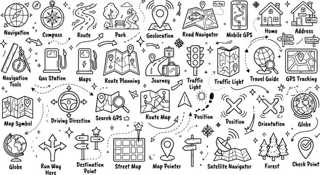 Hand drawn doodle collection of travel navigation and map icons with navigation location destination direction planning satellite tracking adventure transport landmark collection