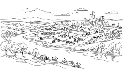 Fototapeta premium Medieval Castle Landscape Drawing with River, Village, and Army