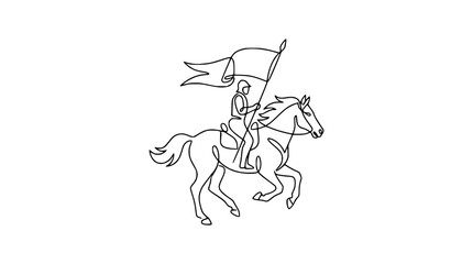 Fototapeta premium One line drawing of a knight on horseback with a flag, symbolizing victory and leadership.