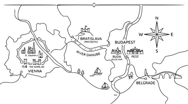 Danube River Map: Vienna, Bratislava, Budapest, Belgrade - Hand-Drawn Illustration