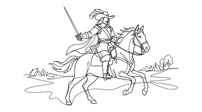 Line Art Cavalier Rider on Horseback with Sword and Feathered Hat