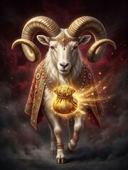 Obraz premium Mythical White Ram Zodiac Animal in Traditional Patterned Cape Holding Sparkling Gold Wealth Pouch