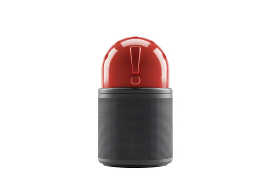 A3d rendered red emergency siren light with an exclamation mark symbol and a dark grey cylindrical base isolated on a solid black background