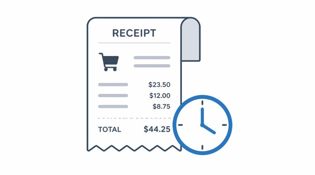 A receipt and clock show total time spent shopping with a cart.