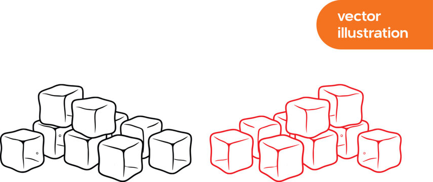 Minimalist ice cube vector illustration, hand drawn sugar cubes line art, black and red outline sketch of square blocks for cooling drinks