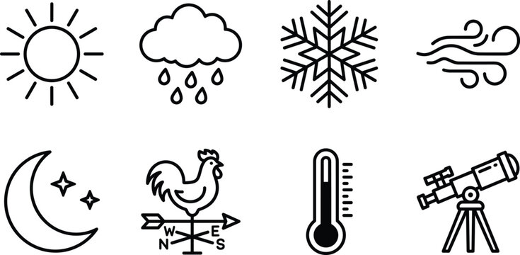 Weather icons with sun cloud snowflake wind moon rooster thermometer and telescope during day and night Isolated on white background
