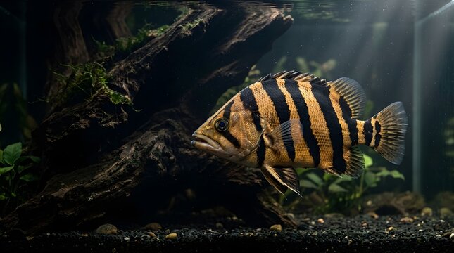 Siamese Tigerfish swimming inside a dark aquarium with driftwood and aquatic plants
