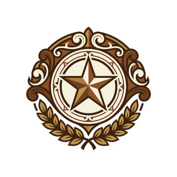 Texas star emblem with laurel wreath and scrolls.