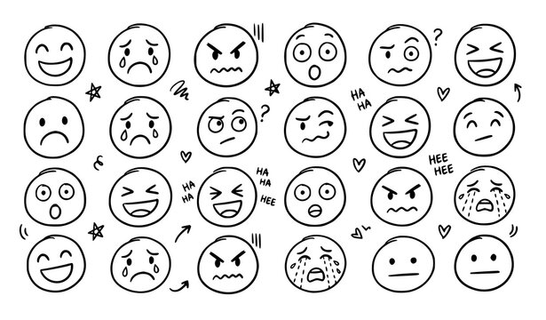 Hand drawn emotional faces doodle set vector expressions collection