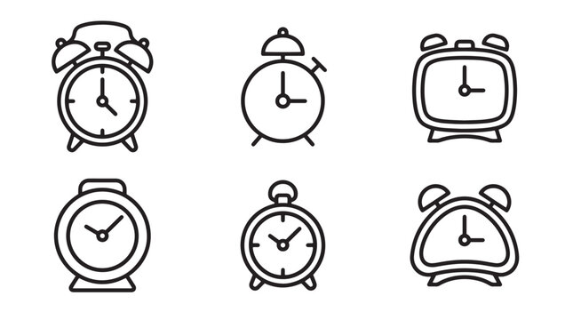 Set of six alarm clock icons in thin line art style with management notification schedule deadline measuring equipment collection isolated illustration business efficiency punctuality