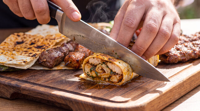 Chef Slicing Fresh Chicken Beyti Kebab on a Wooden Cutting Board in a Professional Kitchen Setting