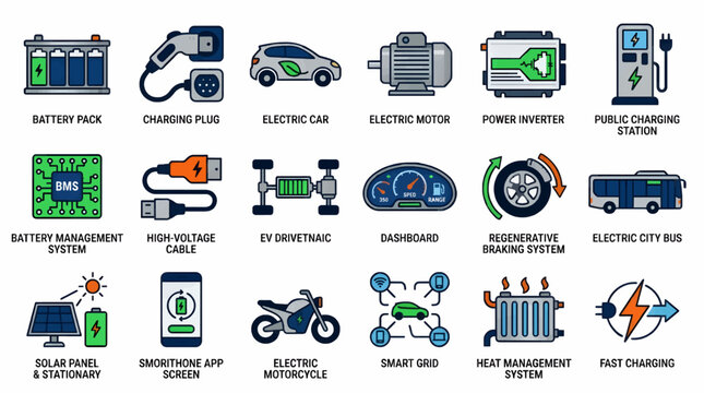 Electric Vehicle Components Flat Icon Set: Battery Pack, Charging Plug, Electric Car, Motor, Inverter, Station, BMS, Cable, Drivetrain, Dashboard, Brakes, Bus, Solar Panel, App, Motorcycle, Smart