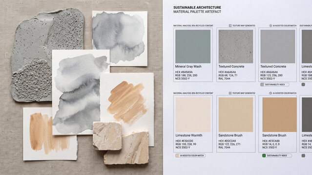 Sustainable architecture material palette with natural textures and earthy tones for eco friendly building design and construction projects using recycled content