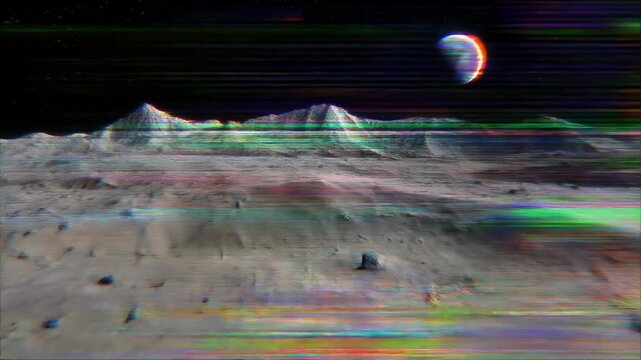 月面を進む移動視点とグリッチ演出が交錯する宇宙景観