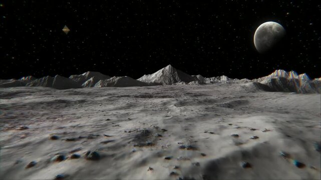 月面を進む移動視点とグリッチ演出が交錯する宇宙景観