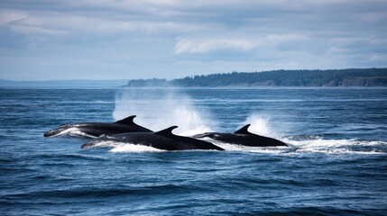 Naklejka premium Group of Whales Swimming Together in Ocean with Splashes of Water