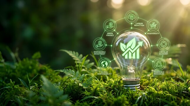 Green finance and responsible investment concept with glowing lightbulb on forest moss displaying sustainable business growth and ESG icons