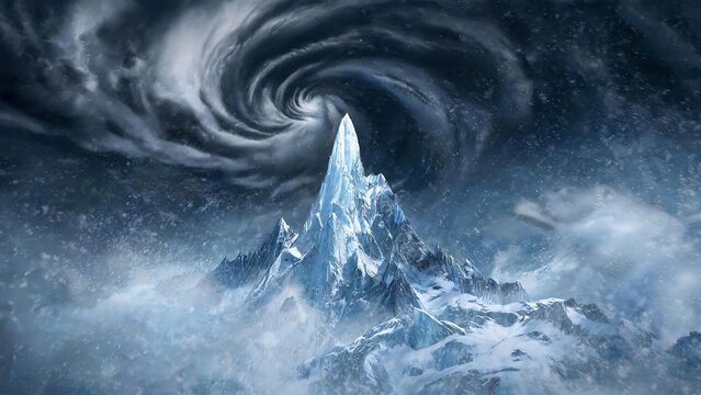 Majestic icy mountain peak under a dramatic swirling storm vortex in a cinematic winter landscape digital illustration