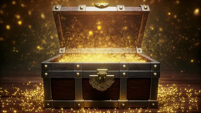 黄金の宝箱から光の粒子があふれる幻想的な財宝